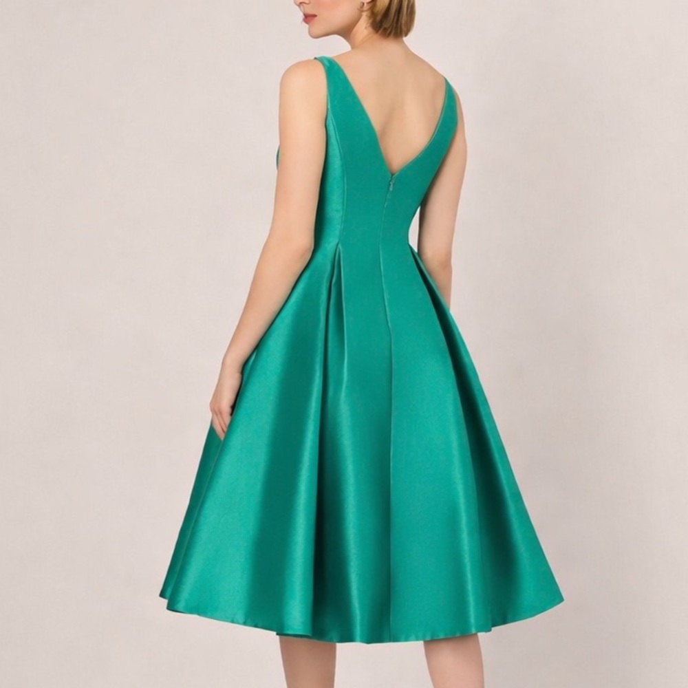 🆕✨ Adrianna Papell Emerald Fit&Flare Satin Midi Cocktail Dress Size 2,12 Gown - Picture 3 of 17